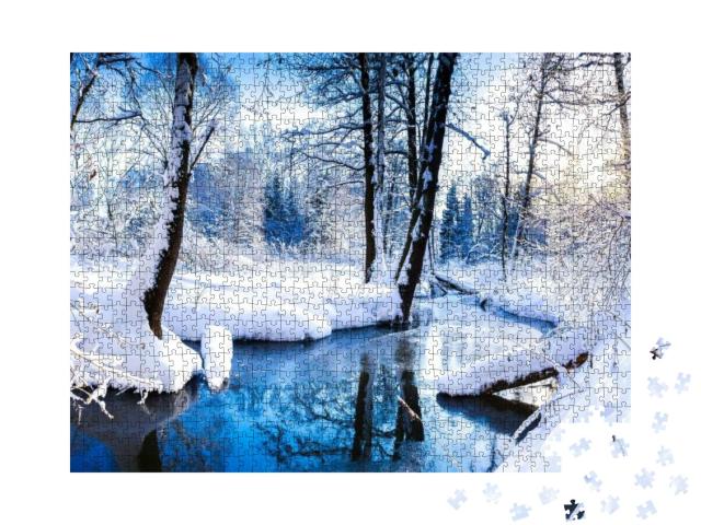 Puzzle 1000 Teile „Bezaubernde Flusslandschaft im Winterwald“