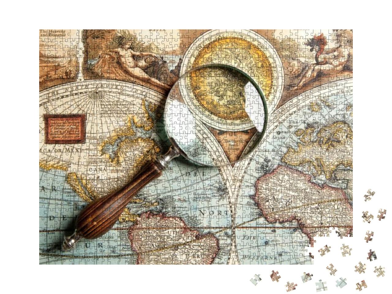 Puzzle 1000 Teile „Alte Landkarte und Vergrößerungsglas“