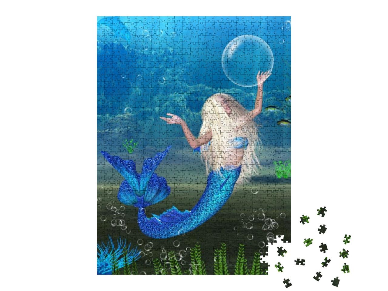 Puzzle 1000 Teile „Blonde Meerjungfrau beim Spiel mit Luftblasen unter Wasser“