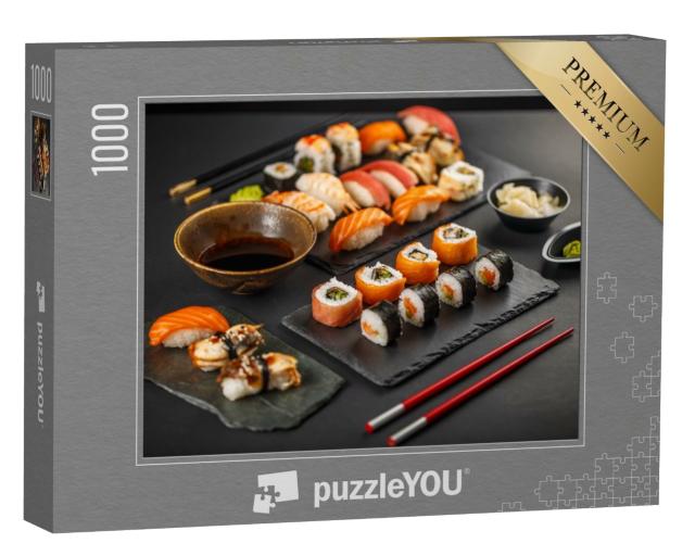 Puzzle 1000 Teile „Frisches Sushi auf schwarzem Schiefer“