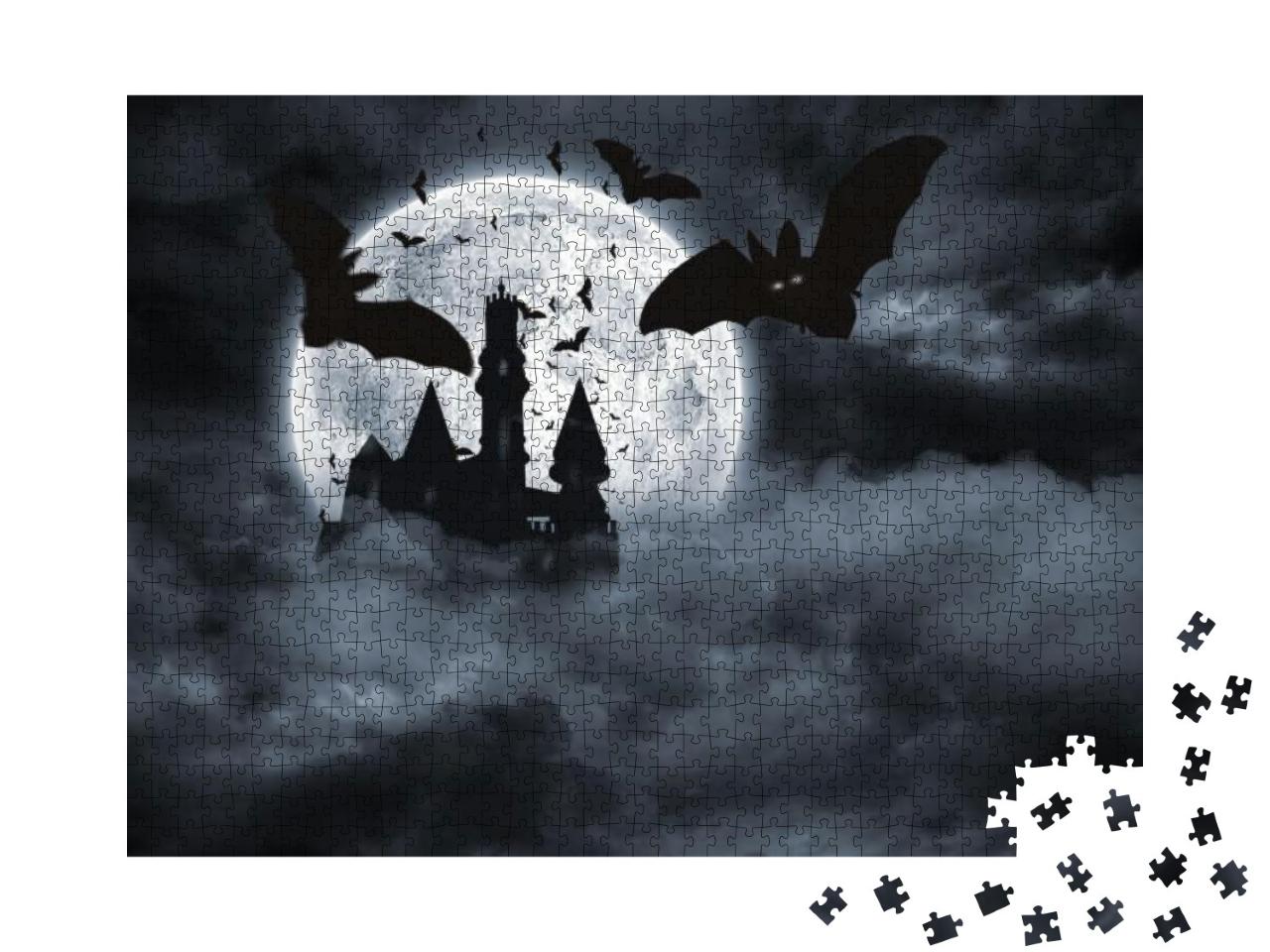 Puzzle 1000 Teile „Fledermäuse fliegen vor Draculas Schloss“