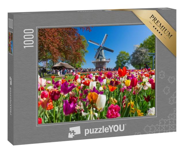 Puzzle 1000 Teile „Tulpengarten und Windmühe in Lisse, Holland, Niederlande“