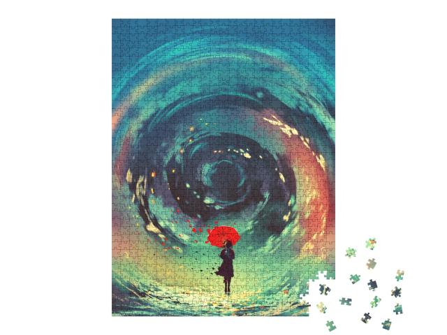 Puzzle 1000 Teile „Digitale Kunst: Mädchen mit Regenschirm“