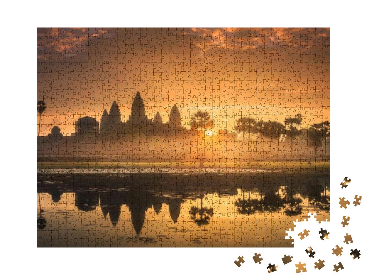 Puzzle 1000 Teile „Der Tempelkomplex Angkor Wat, See Siem Reap, Kambodscha“