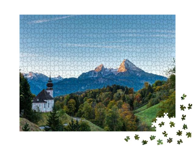 Puzzle 1000 Teile „Herbstmorgen über Maria Gern und dem Watzmann, Deutschland“