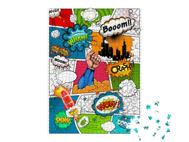 Puzzle 1000 Teile „Comic-Seite geteilt durch Linien mit Sprechblasen, Rakete, Superhelden“
