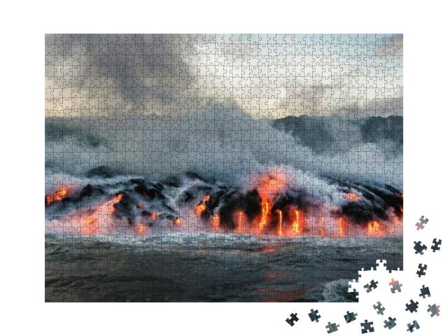 Puzzle 1000 Teile „Geschmolzene Lava fließt in den Pazifischen Ozean“