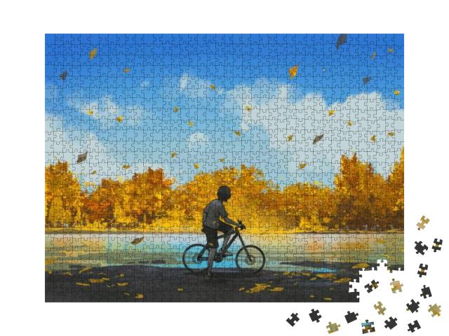 Puzzle 1000 Teile „Junge auf einem Fahrrad mit Blick auf den Herbst“