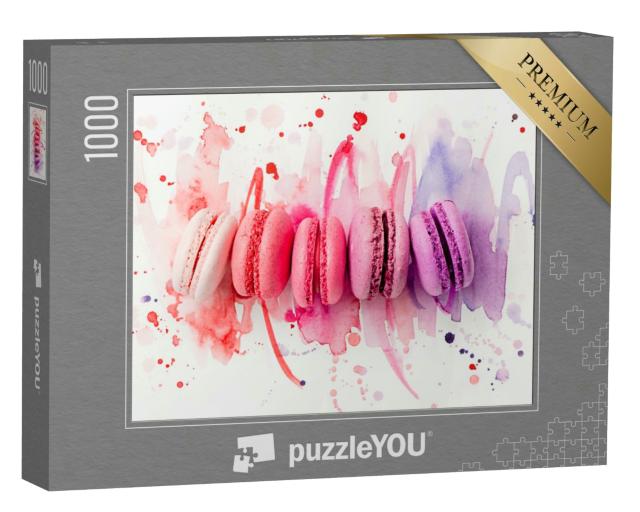 Puzzle 1000 Teile „Farbenprächtige Macarons mit passendem Aquarell-Hintergrund“