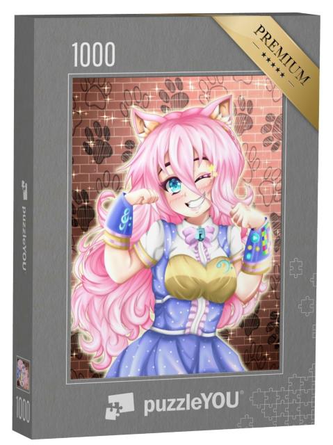 Puzzle 1000 Teile „Anime: Neko Mädchen mit rosa Haaren“