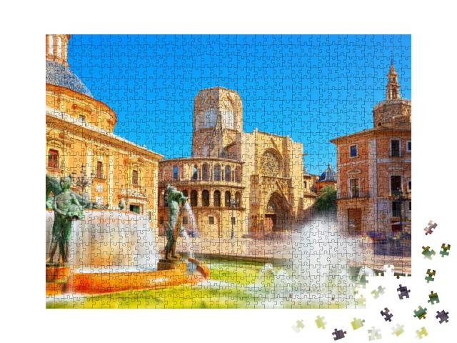 Puzzle 1000 Teile „Malerischer Brunnen vor der Kathedrale von Valencia, Spanien“