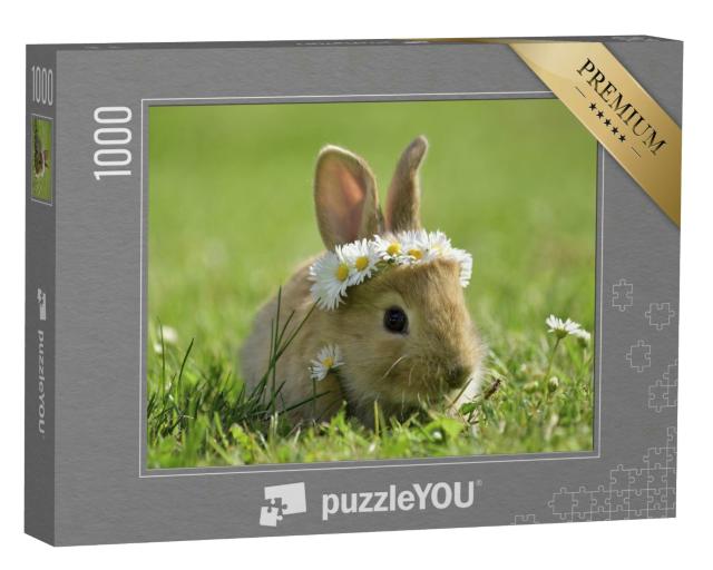 Puzzle 1000 Teile „Süßes kleines Kaninchen mit Gänseblümchenkranz“