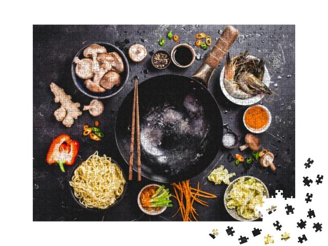 Puzzle 1000 Teile „Asiatisch kochen mit Wok, Gemüse und Nudeln“