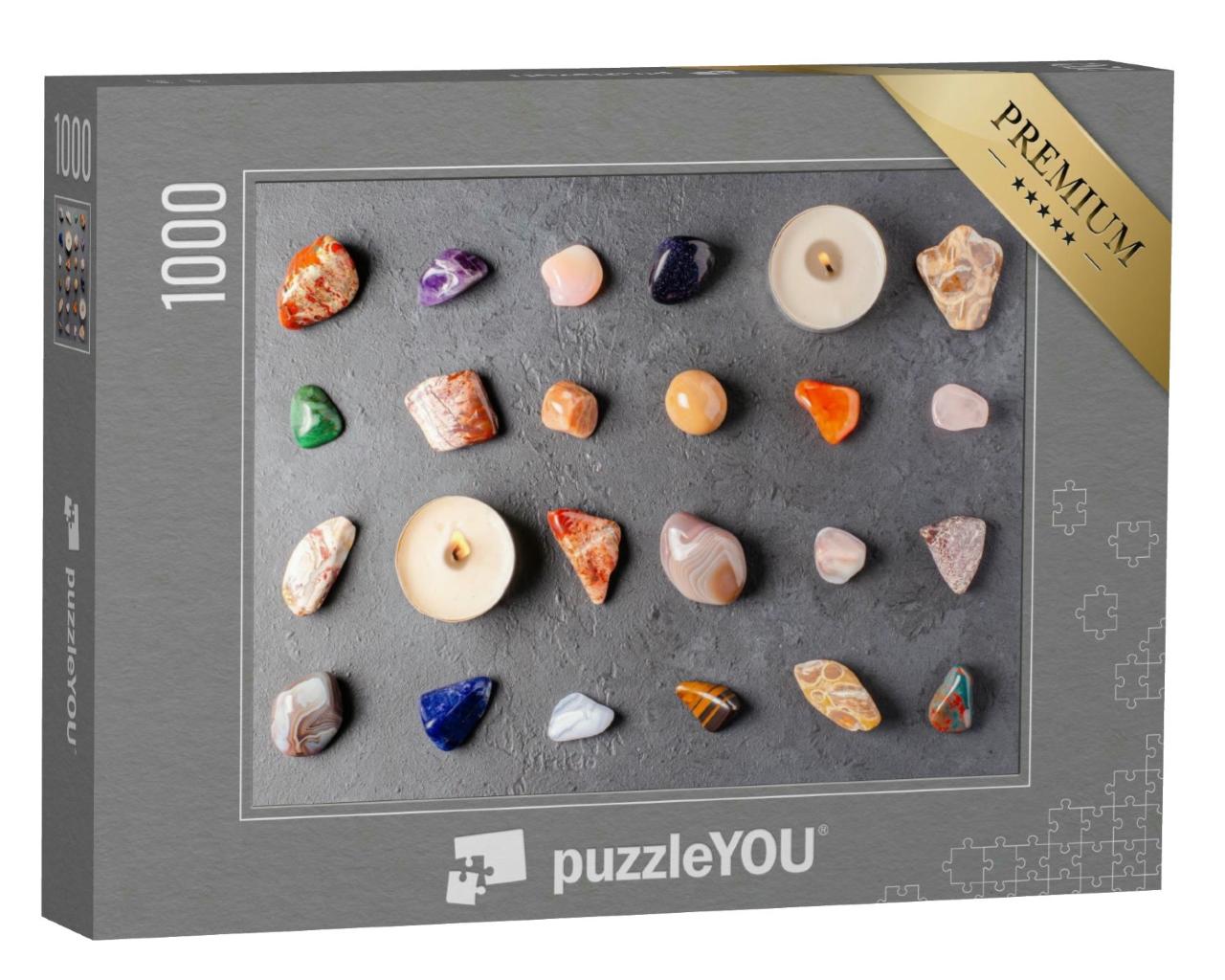 Puzzle 1000 Teile „Mineralsteine und Kerzen auf einem schwarzen Betonboden“