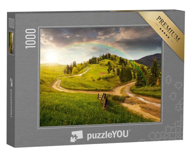 Puzzle 1000 Teile „Wunderschöne grüne Hügellandschaft mit Regenboen“