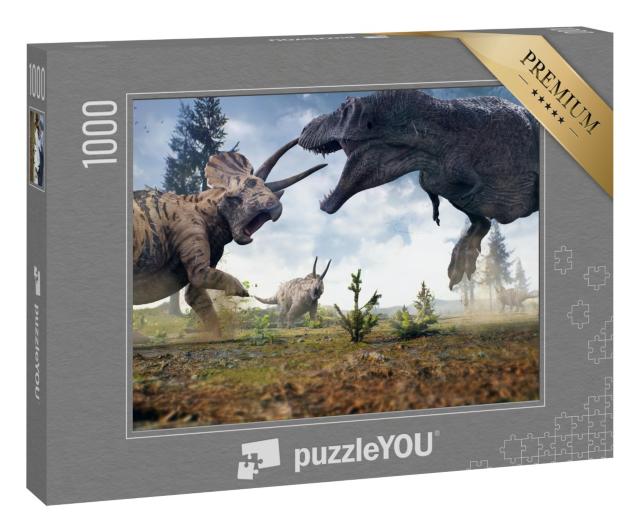 Puzzle 1000 Teile „Ein Tyrannosaurus Rex im Kampf gegen eine Triceratops-Herde“