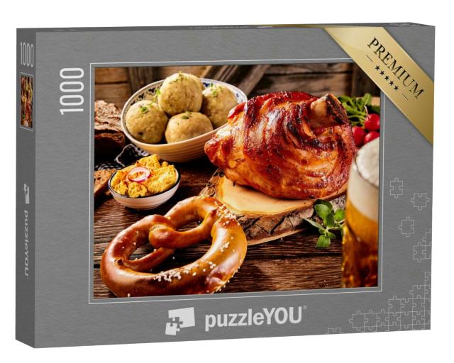 Puzzle 1000 Teile „Bayerische Küche: Schweinshaxe mit Brezel und Obatzda“