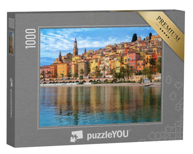 Puzzle 1000 Teile „Bunte Häuser und Sandstrand: Blick auf Menton, Riviera, Frankreich“