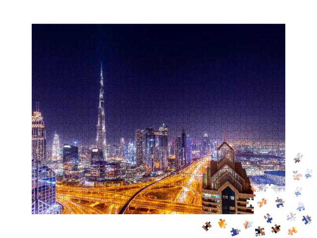 Puzzle 1000 Teile „Skyline von Downtown Dubai bei Nacht“