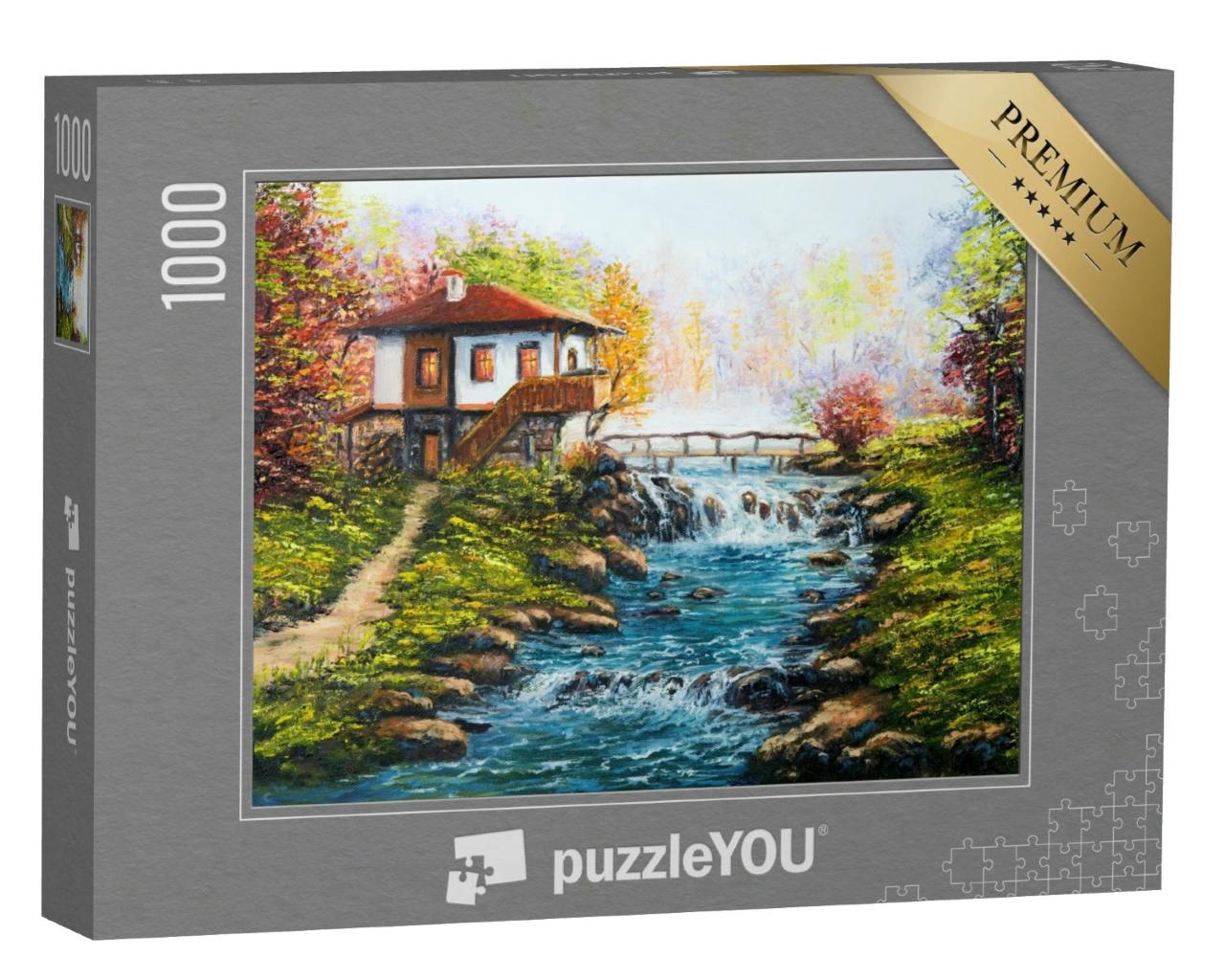 Puzzle 1000 Teile „Ölgemälde: Traditionelles bulgarisches Haus am Fluss in den Bergen“