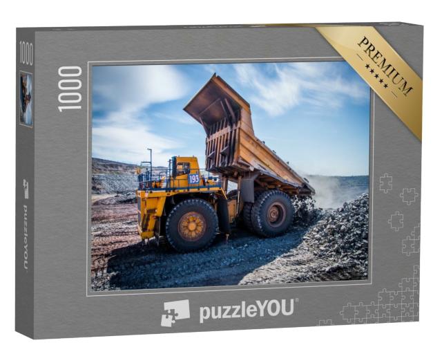Puzzle 1000 Teile „Gelber Muldenkipper kippt Gestein aus“