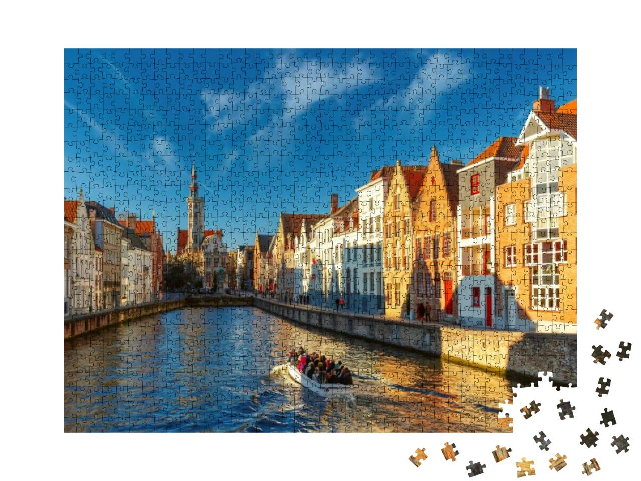 Puzzle 1000 Teile „Kanal Spiegelrei und Jan Van Eyck Platz am Morgen in Brügge, Belgien“