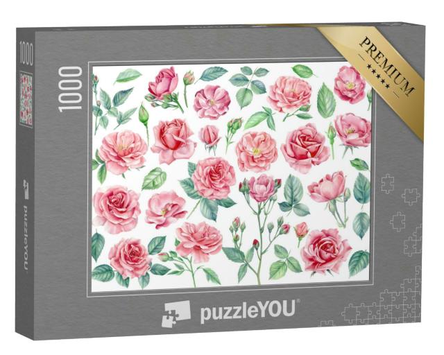 Puzzle 1000 Teile „Knospen, Blüten und Blätter von rosa Rosen“
