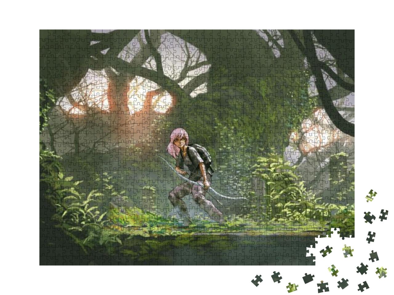 Puzzle 1000 Teile „Mädchen mit Bogen im Wald auf Abenteuerjagd“