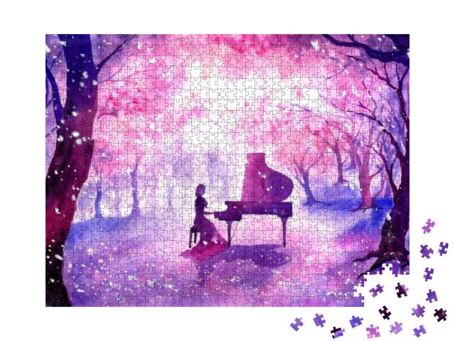 Puzzle 1000 Teile „Klavierspiel unter Kirschblüten“