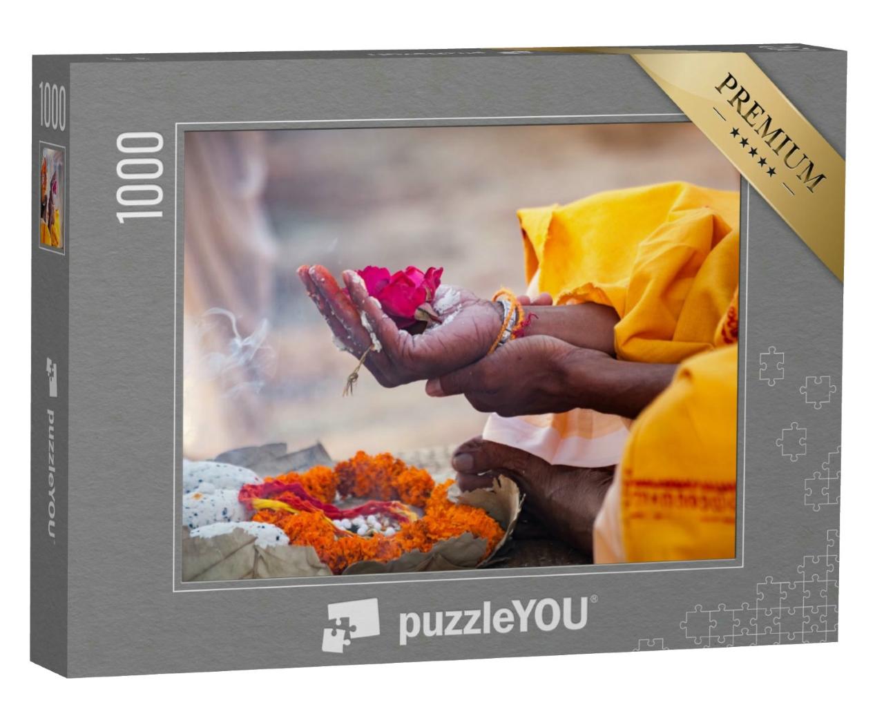 Puzzle 1000 Teile „Blumen als ein religiöses Zeichen der Anbetung, Indien“