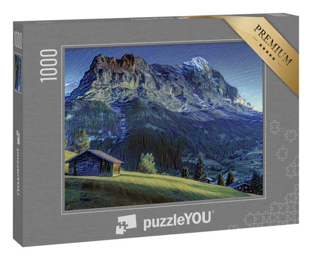 Puzzle 1000 Teile „im Kunst-Stil von van Gogh, Sternennacht - Schweizer Alpenlandschaft vor dem Eiger“