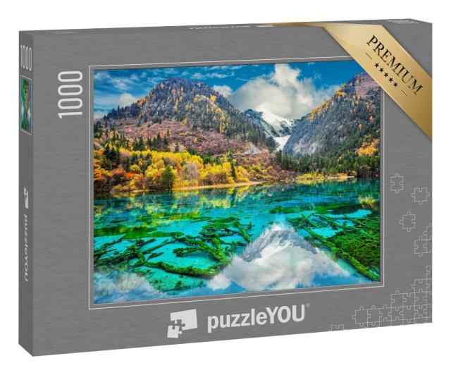 Puzzle 1000 Teile „Kristallklares Wasser des Five Flower Lake, Bunter See, Jiuzhaigou, China“