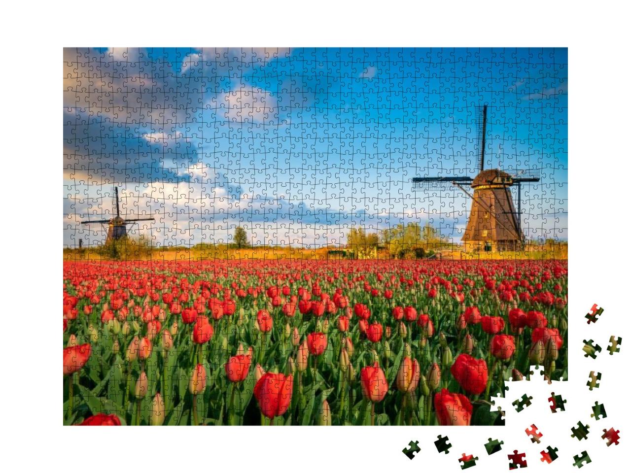 Puzzle 1000 Teile „Niederländische Landschaft mit Windmühlen und Tulpenblüten“