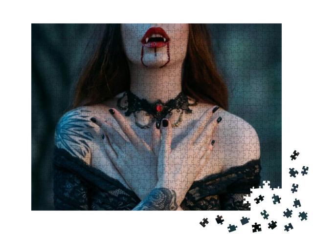 Puzzle 1000 Teile „Nahaufnahme einer Vampirfrau mit Blut“
