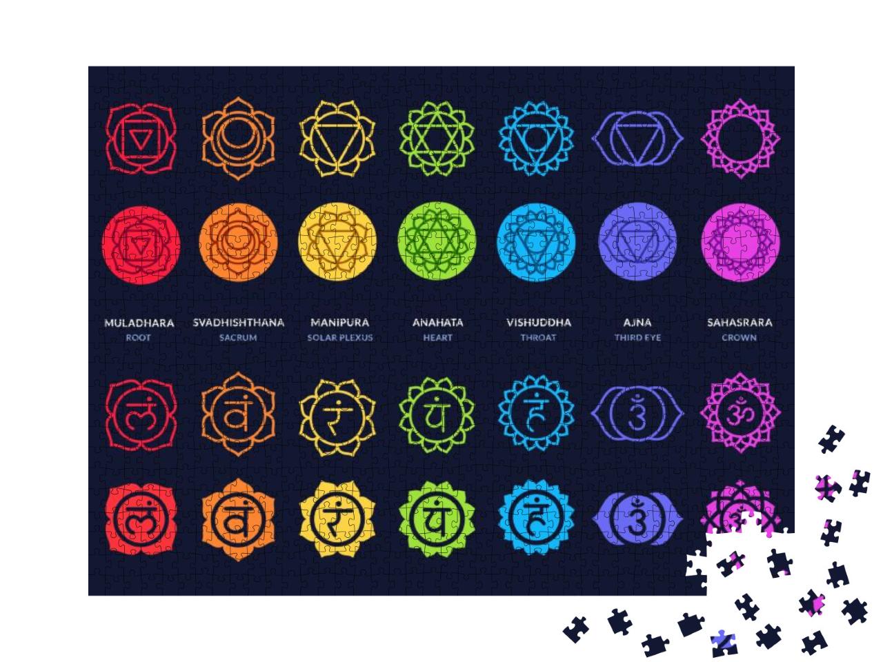 Puzzle 1000 Teile „Chakra-Symbole auf dunklem Hintergrund“