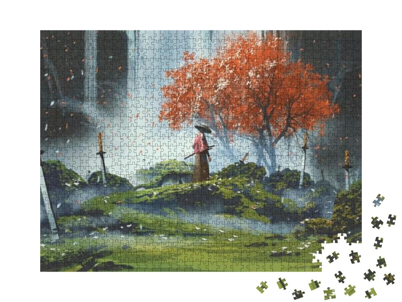 Puzzle 1000 Teile „Samurai stehend in einem Garten mit Wasserfall, Schwerter auf dem Boden“