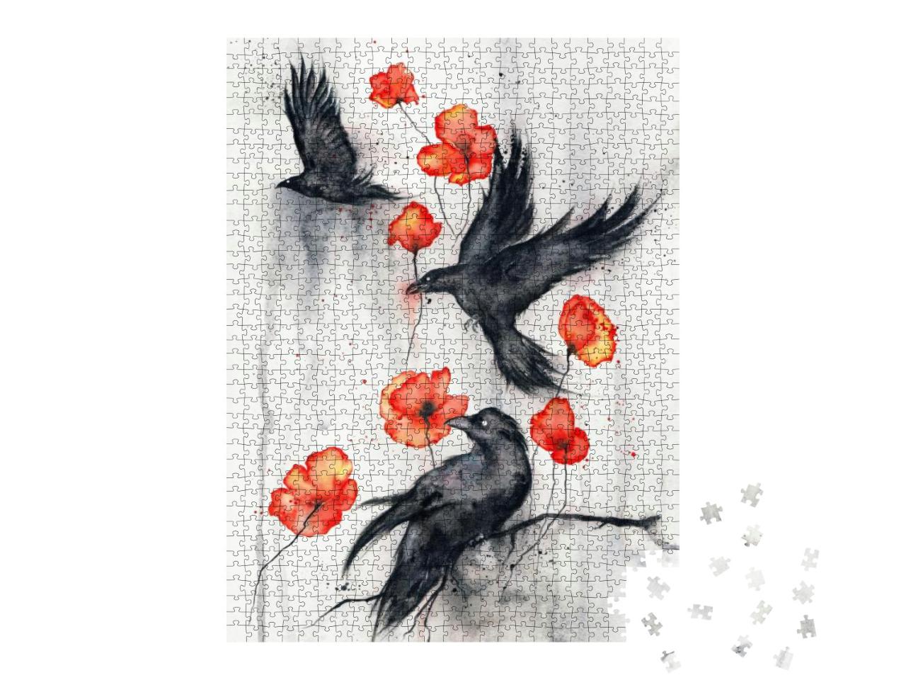 Puzzle 1000 Teile „Schwarze Raben mit roten Mohnblumen“