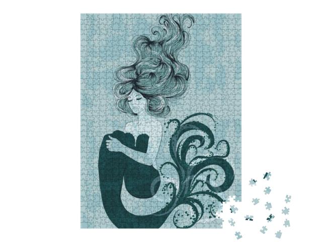 Puzzle 1000 Teile „Illustration einer schönen Meerjungfrau mit wallendem Haar“