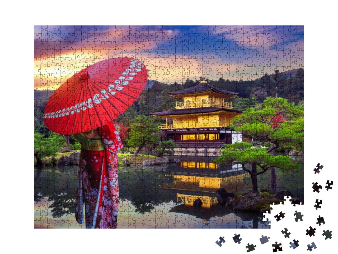 Puzzle 1000 Teile „Asiatische Frau im traditionellen Kimono vor dem Goldenen Pavillion, Kyoto, Japan“