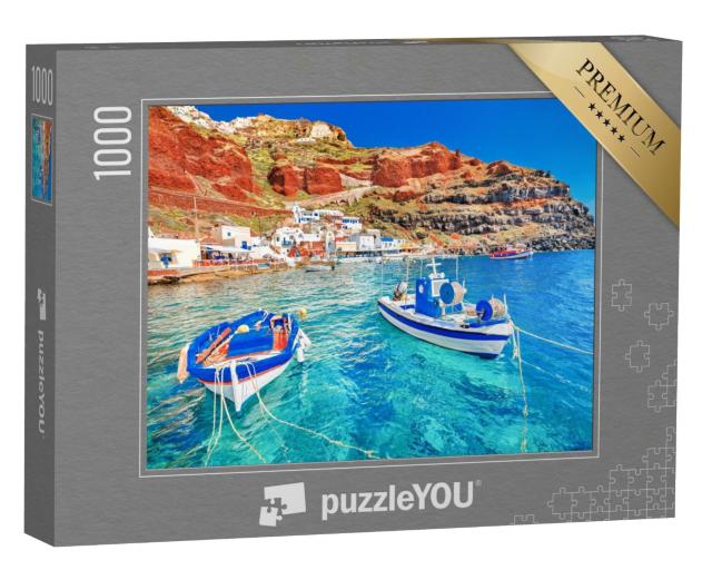 Puzzle 1000 Teile „Hafen von Oia auf Santorini mit zwei Fischerbooten, Ägäis, Griechenland“