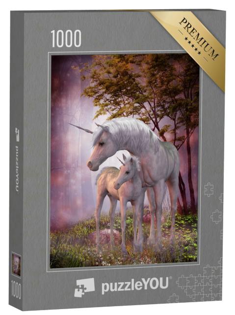 Puzzle 1000 Teile „Einhornstute und Fohlen im magischen Wald“