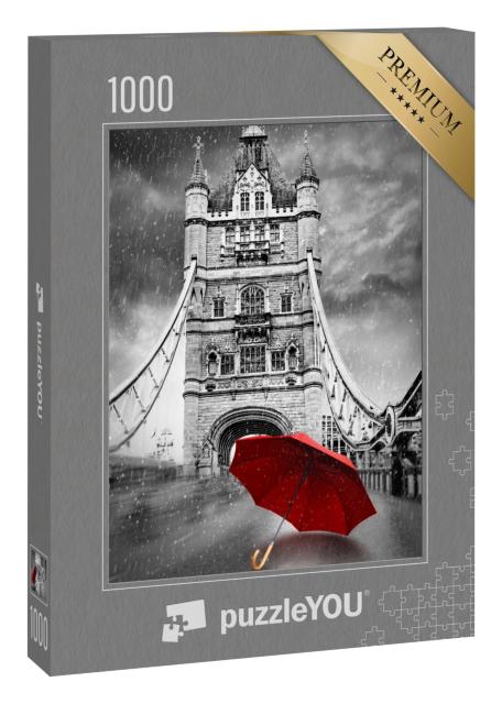 Puzzle 1000 Teile „Roter Regenschirm auf der Tower Bridge in London, schwarz-weiß“
