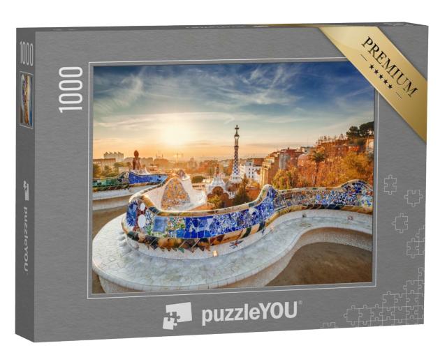 Puzzle 1000 Teile „Sonnenaufgang im Park Güell mit Blick auf Barcelona“