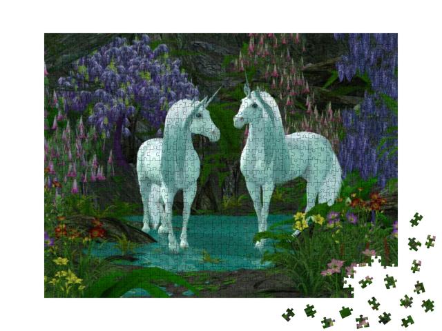 Puzzle 1000 Teile „Zwei Einhörner am Bach mit Waldblumen “