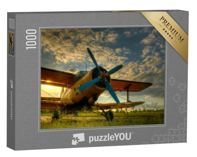 Puzzle 1000 Teile „Historisches Flugzeug auf grünem Gras im Sonnenuntergang“