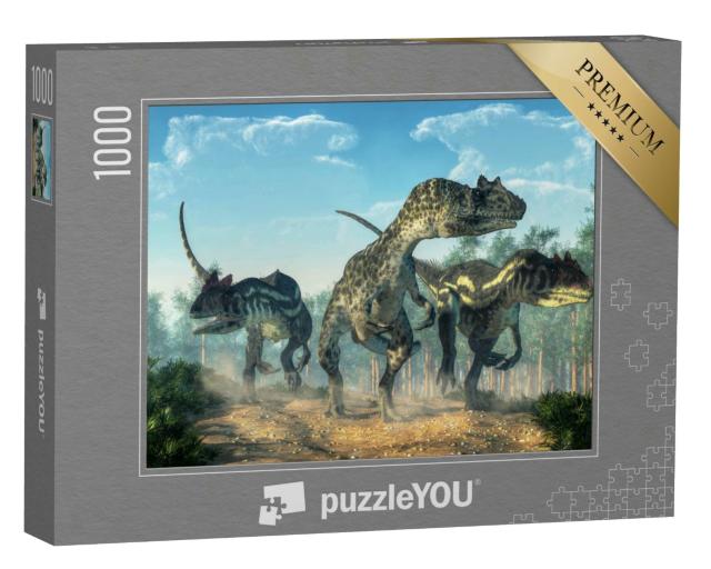 Puzzle 1000 Teile „Drei Allosaurier wirbeln Staub auf “