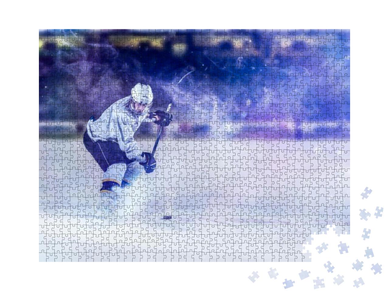 Puzzle 1000 Teile „Eishockeyspieler in Aktion beim Schießen mit dem Schläger“