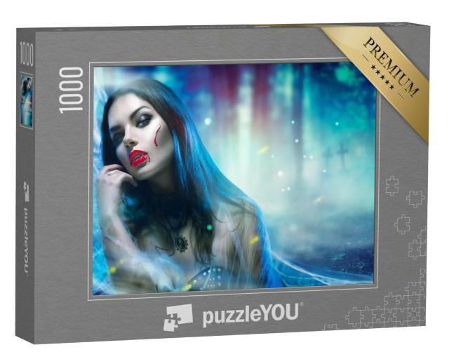 Puzzle 1000 Teile „Porträt einer Vampirfrau auf einem Friedhof“