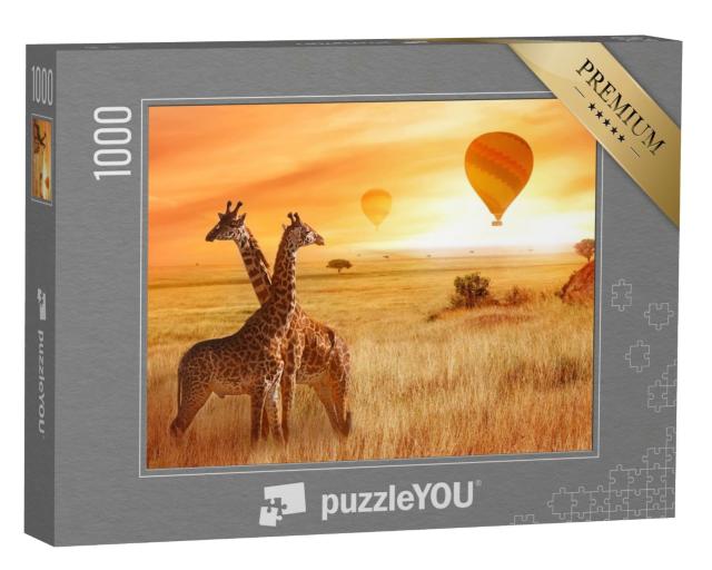 Puzzle 1000 Teile „Aussichtsreiche Ballonfahrt: Giraffen in der afrikanischen Savanne“