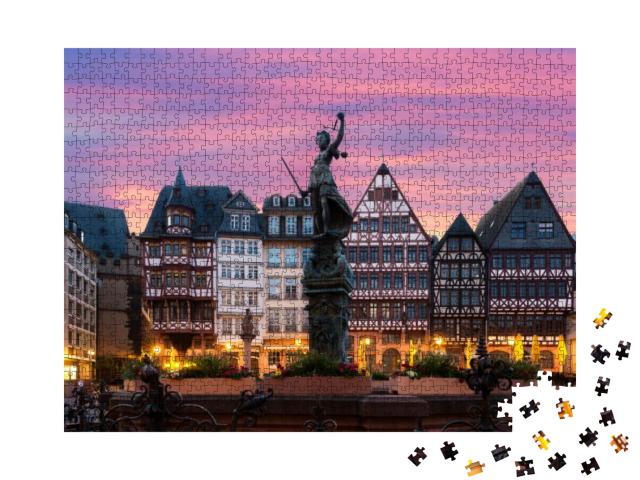 Puzzle 1000 Teile „Altstadtplatz Römerberg mit Justitia-Statue in Frankfurt, Deutschland“